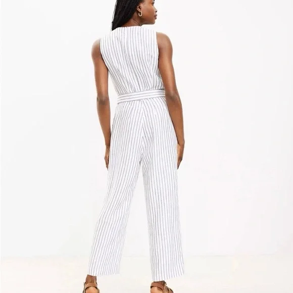 LOFT White Sleeveless Pinstripe Belted Jumpsuit - Picture 2 of 9